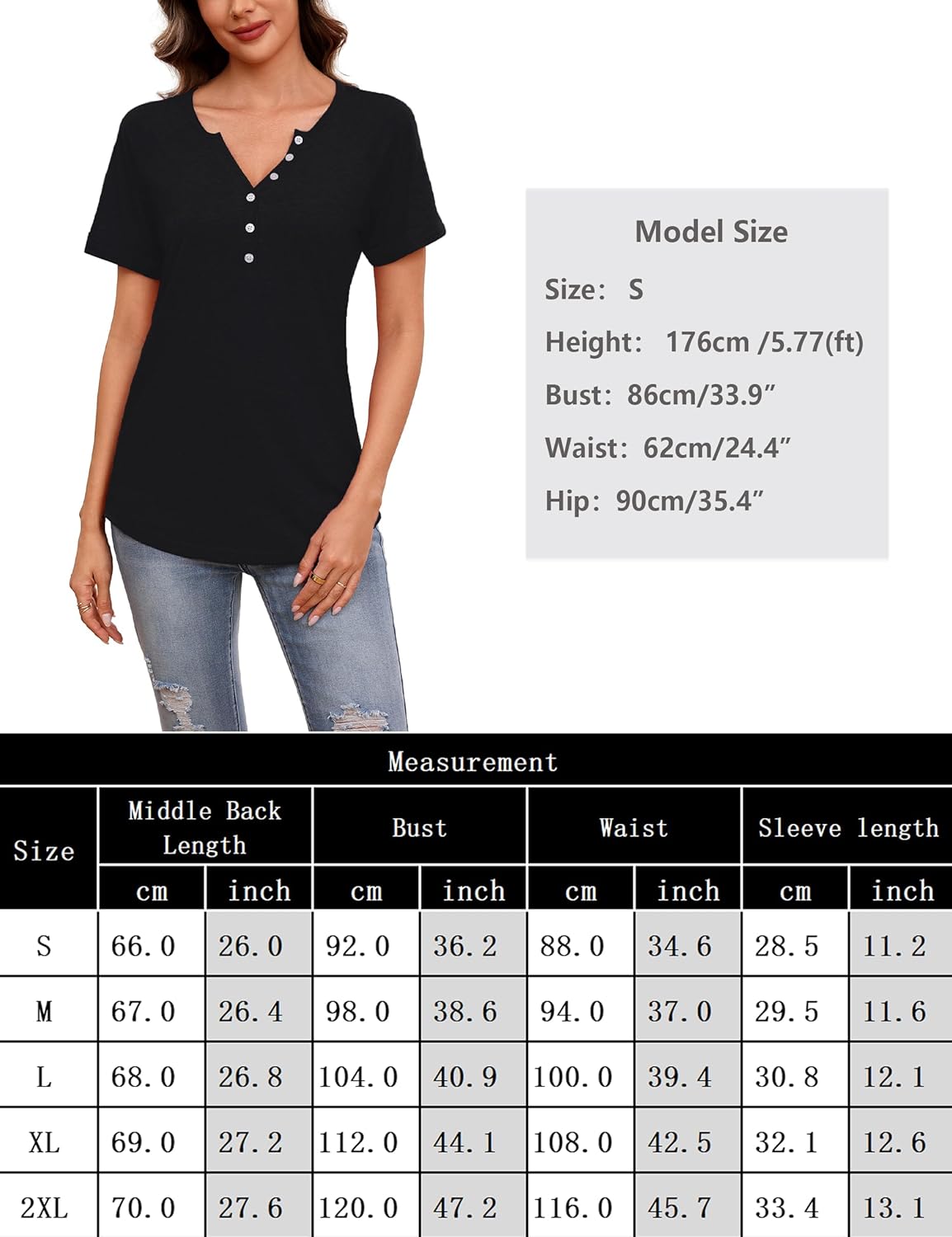 Thumbnail 5 de Demegimi T Shirt Femme Été Col V Boutonné - Coupe ample, coton, manches courtes