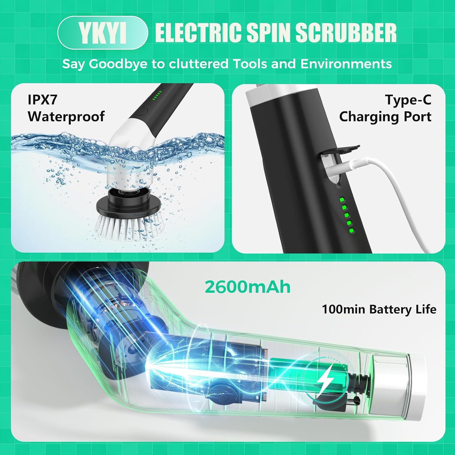 Thumbnail 3 de YKYI YKYI-8051B Cordless Spin Scrubber, 8 Brush Heads, 2 Speeds, IPX7