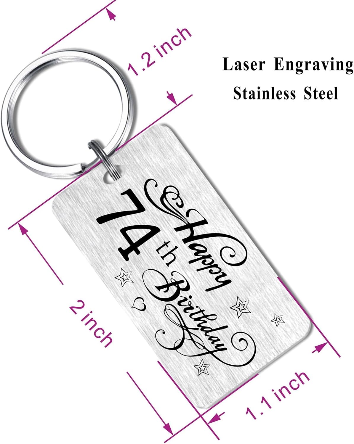 Thumbnail 2 de EE&YU 74th Birthday Stainless Steel Keyring – Engraved “Happy 74th birthday” Gift with Black Pouch