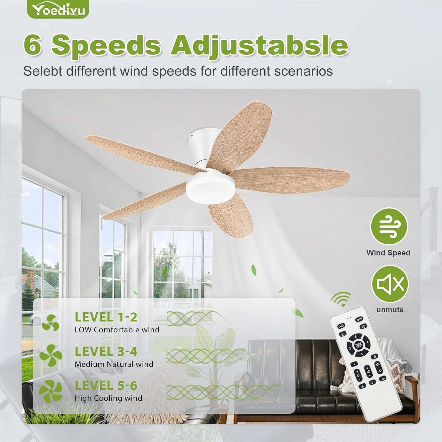 Detalle 2 de Yoedivu CEILING FAN-011 42-Inch Ceiling Fan with Light, 6 Speeds