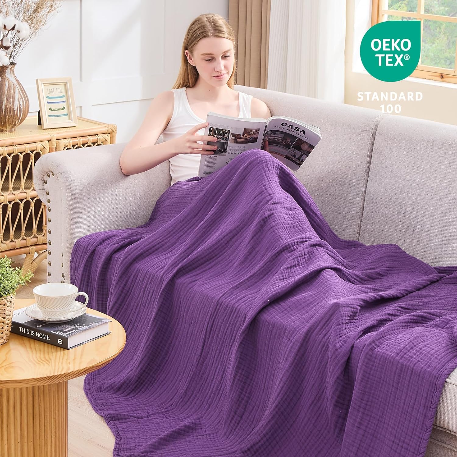 Thumbnail 3 de EMME Cotton blanket Muslin Cotton Queen Blanket, Purple, 90" x 90
