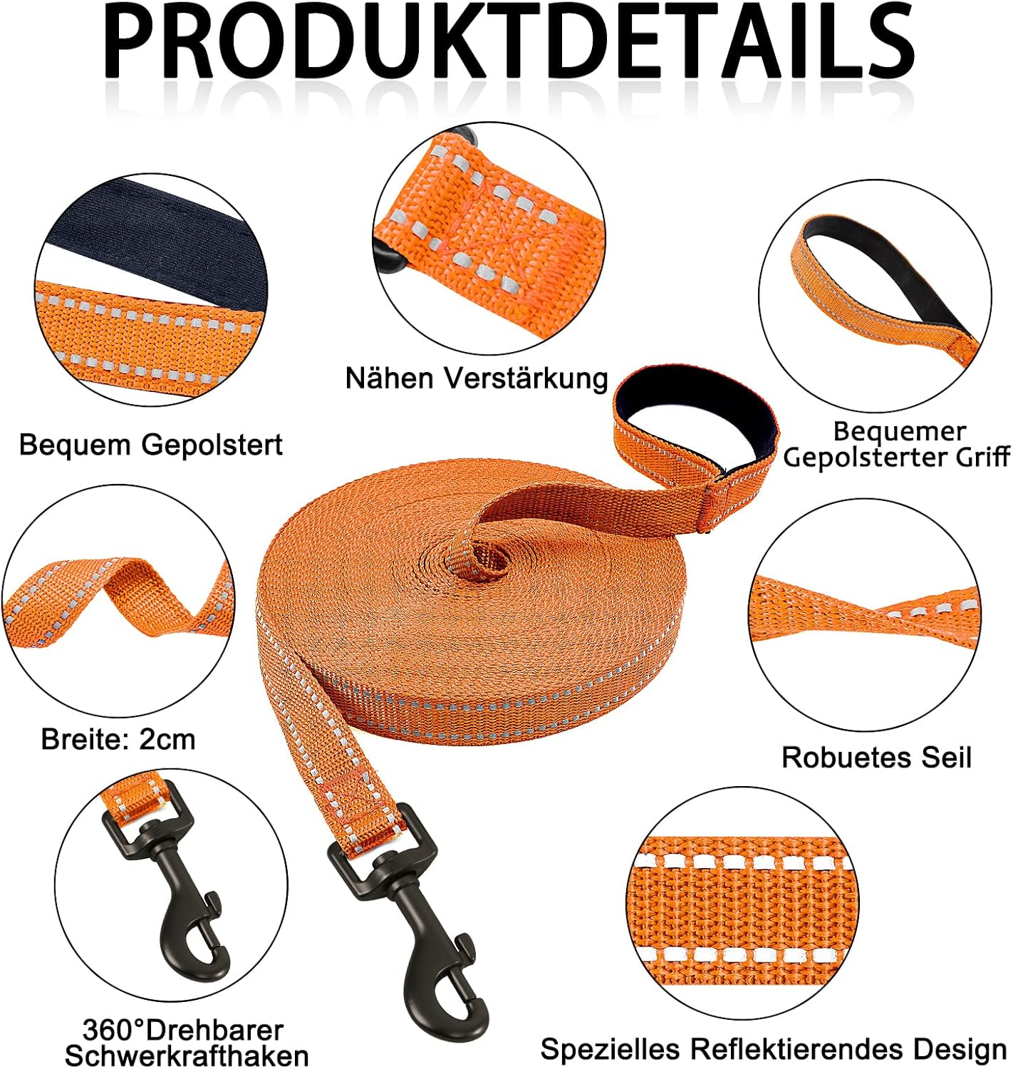 Detalle 2 de Demigreat Schleppleine für Hunde – reflektierendes Training, gepolsterter Griff, 3–20 m