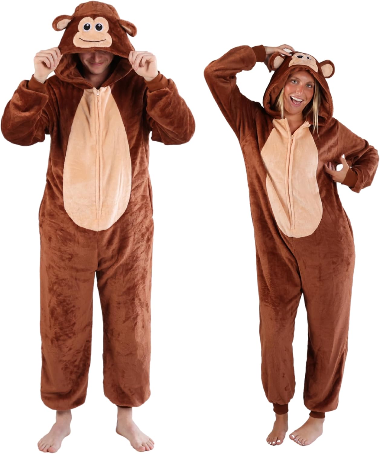 Detalle de Funziez! Slim Adult Onesie Monkey Costume, Brown Fleece, Full-Zip Design