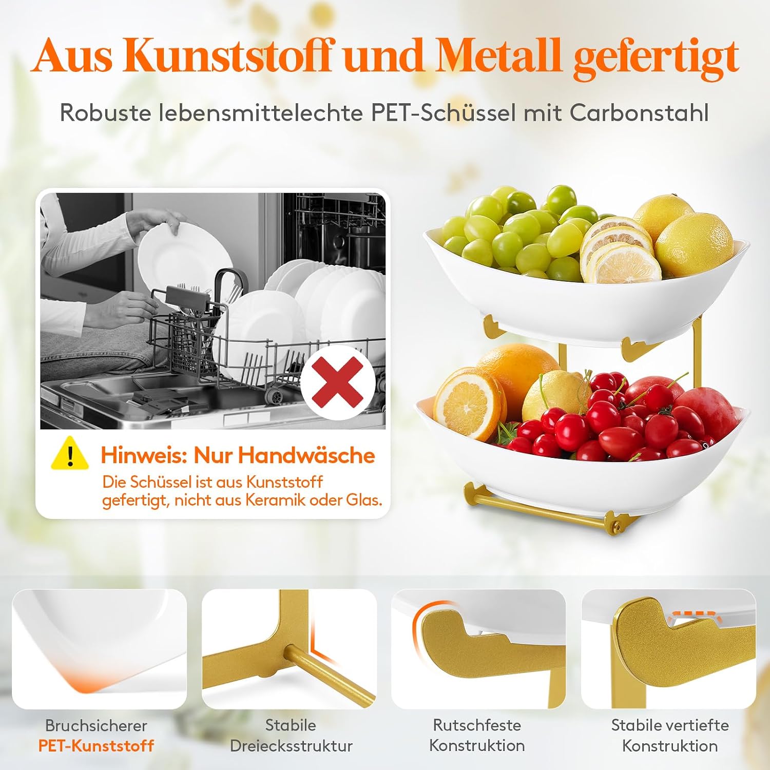 Detalle de Lifewit Obst-Etagere mit 2 Etagen und Metallständer – Obstschalen aus PET, weiß & goldfarben