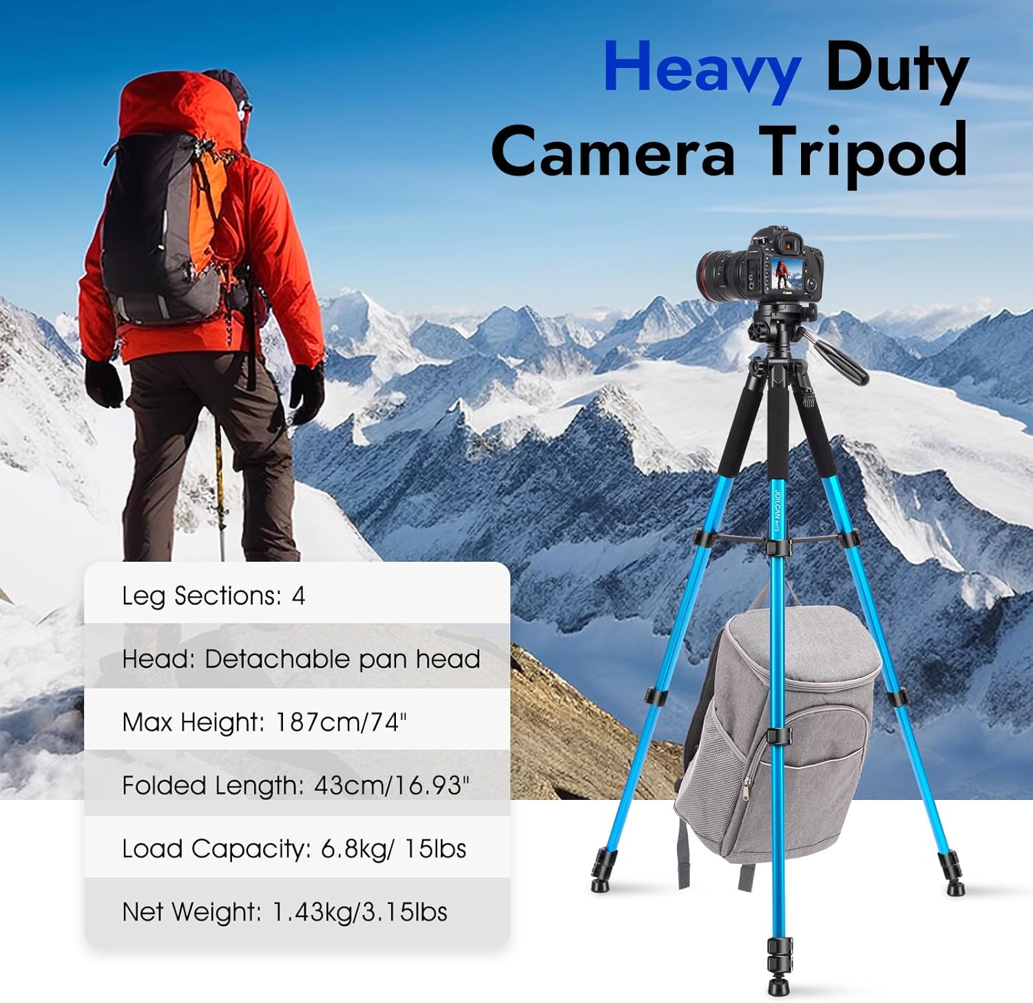 Thumbnail 6 de JOILCAN 74" Camera Tripod with Detachable Head and Universal Phone Mount – Lightweight Aluminium, Blue