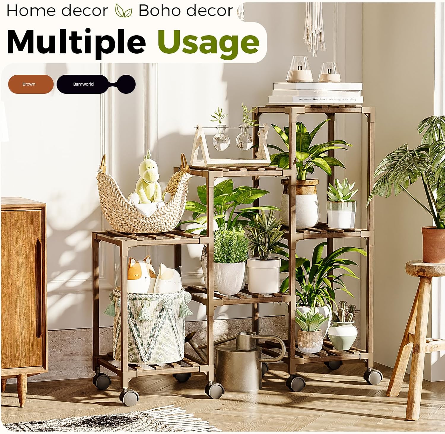 Detalle de Bamworld plant stand with wheels — 3-tier wooden ladder shelf for indoor and outdoor pots
