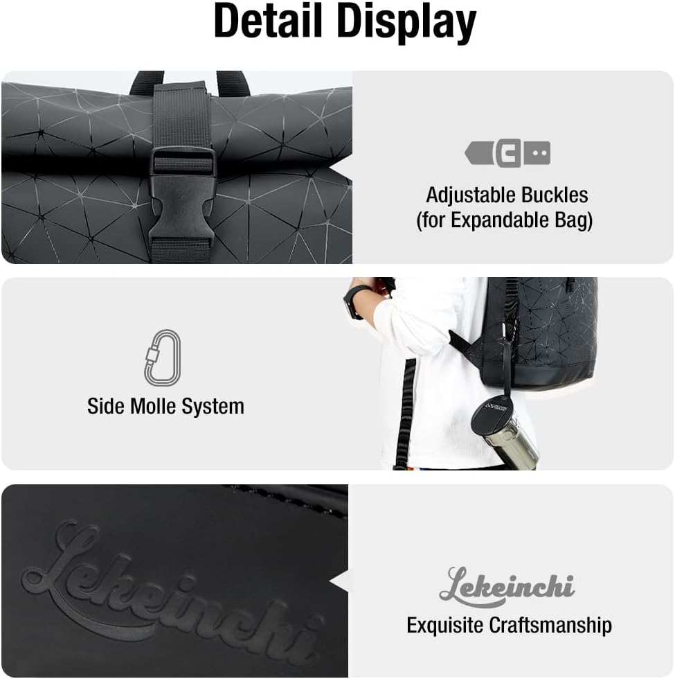 Detalle 2 de Lekeinchi Rolltop Rucksack Wasserdicht – 17 Zoll Laptop, Großes Fassungsvermögen, Damen & Herren, Reiserucksack im Rautenmuster