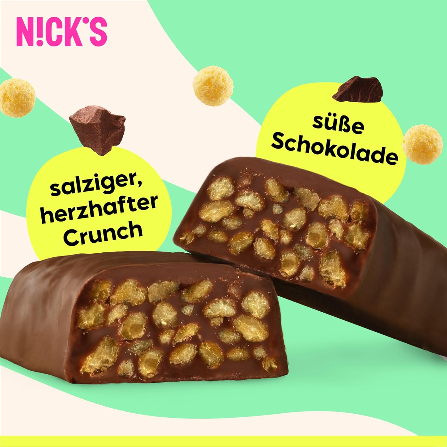 Thumbnail 4 de NICKS Choco Crush Snack Riegel (15x32 g) mit gesalzenen Maispuffern – ohne Zuckerzusatz, glutenfrei, kohlenhydratarm