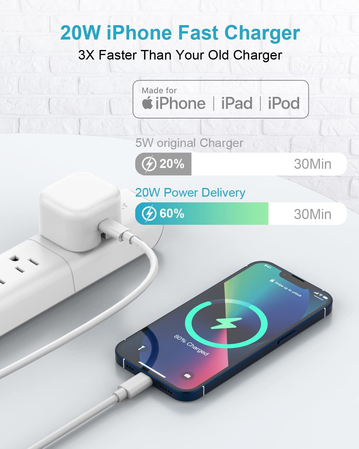 Detalle 2 de HOSOW 20W USB-C iPhone Fast Charger Cable & Plug (2M, Apple MFi Certified)