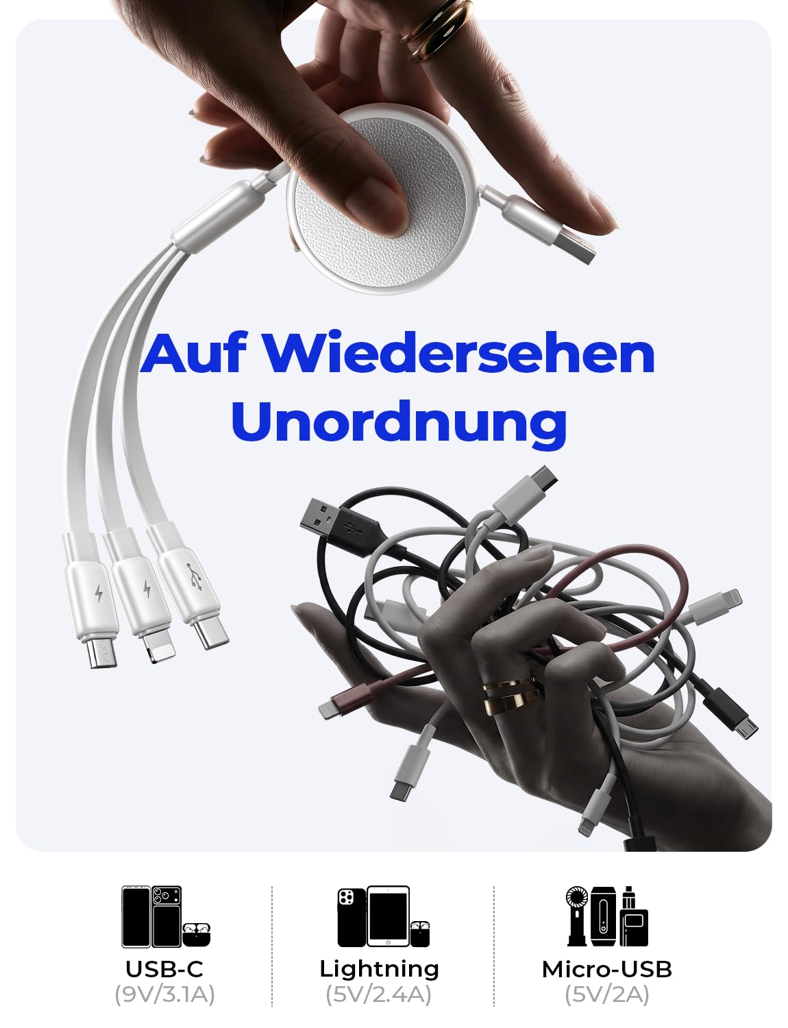 Detalle 2 de LISEN Multi Ladekabel 1,2 m – 3-in-1 Schnellladekabel für iPhone & Co. (Lightning, USB-C, Micro-USB)