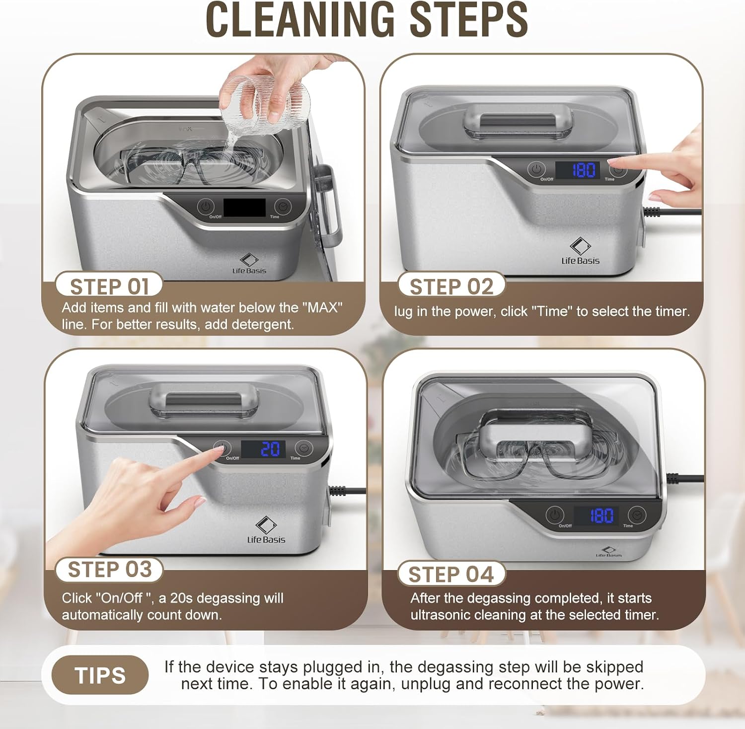 Thumbnail 5 de LifeBasis LSUC015 Ultrasonic Jewelry Cleaner, 600 mL, 45 kHz, Silver