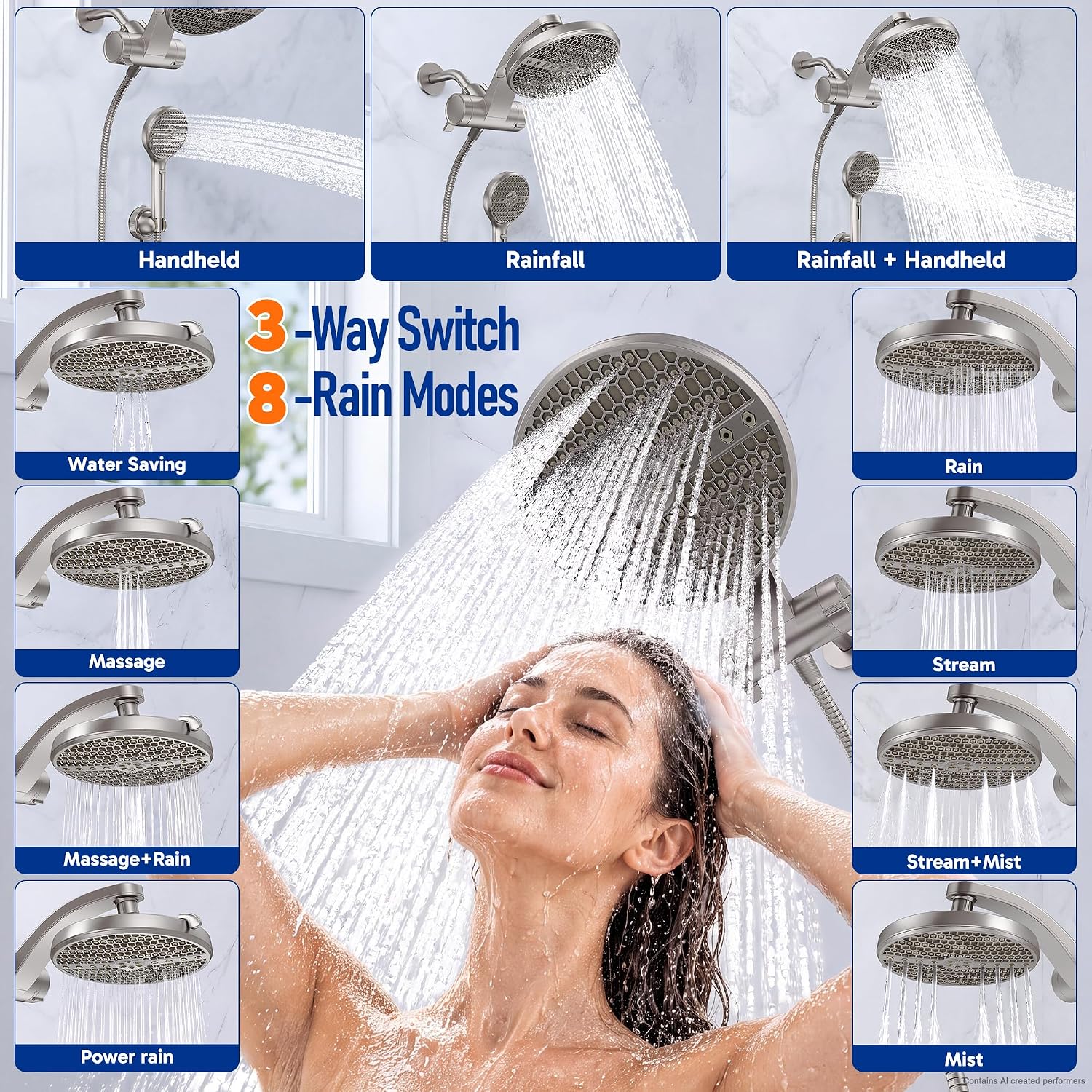 Detalle de Veken SHT3V103 Filtered Shower Head Combo, Nickel, 8-Mode Rain and 9-Mode Handheld