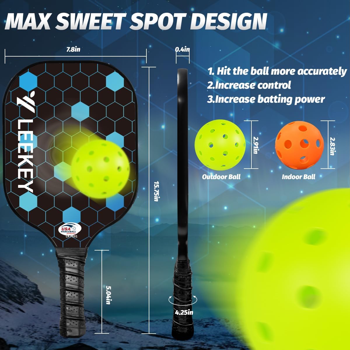 Detalle de LEEKEY Pickleball Paddles Set of 2 – USAPA Approved Fiberglass Paddles with Polypropylene Core