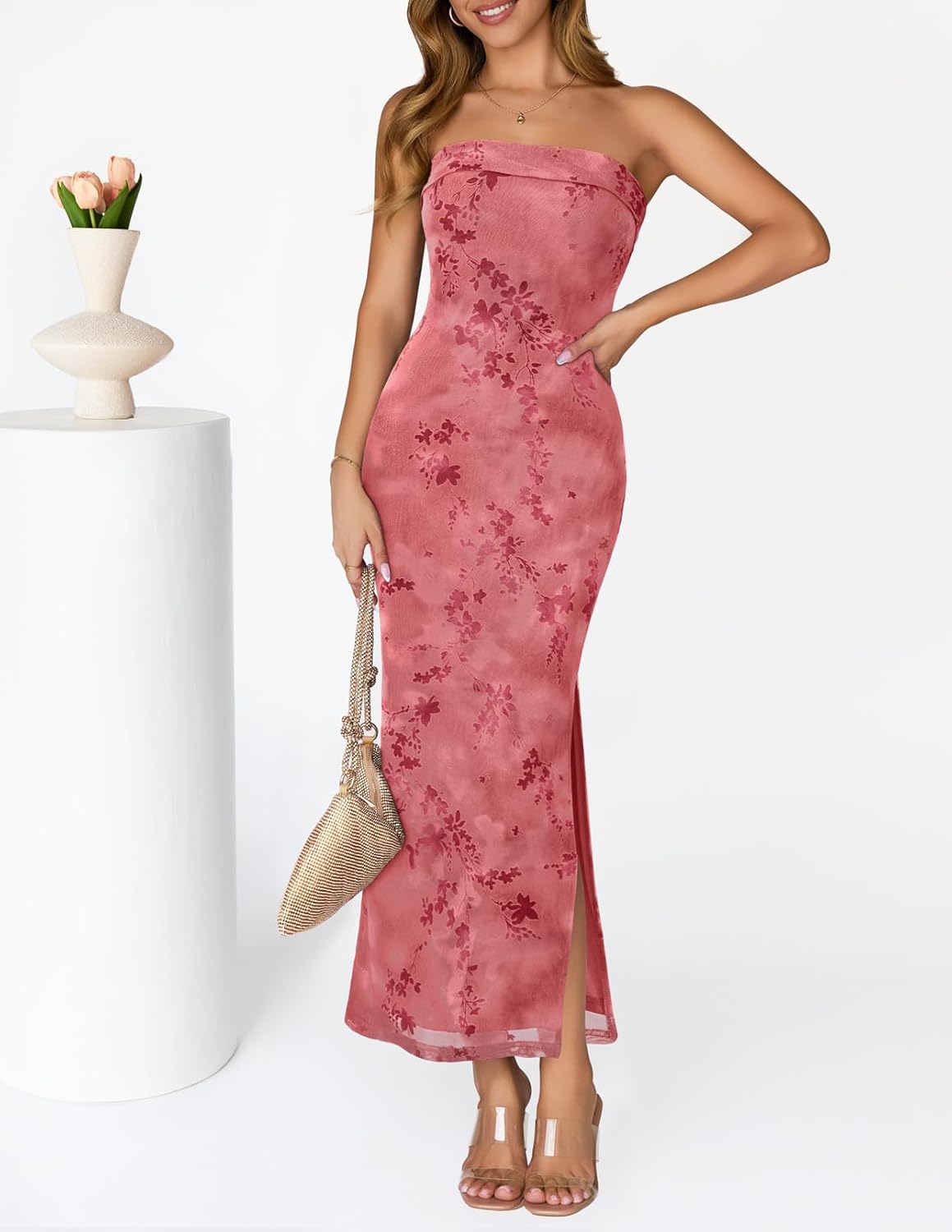 Thumbnail 3 de MEROKEETY Women's 2026 Summer Floral Strapless Dress: Maxi Bodycon with Slit