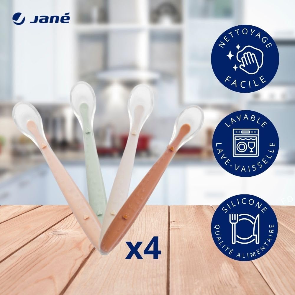 Detalle de Jané Lot de 4 Cuillères en Silicone pour Bébé et Enfant – Souples, Bout arrondi, Sans BPA, Colour Sunset