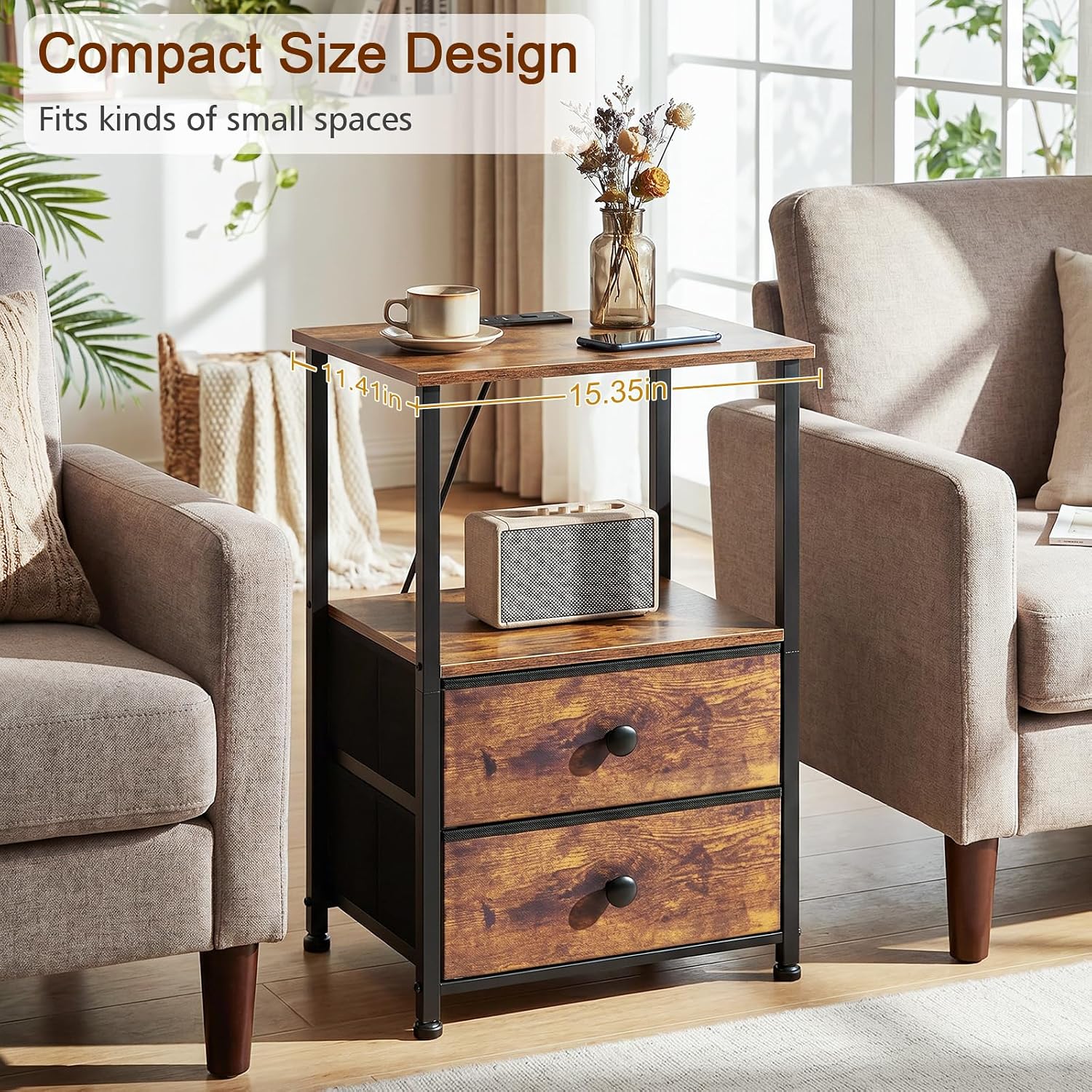Thumbnail 5 de LOAKEKEL Night Stand Set of 2 with Charging Station, 2 Fabric Drawers and Storage Shelves
