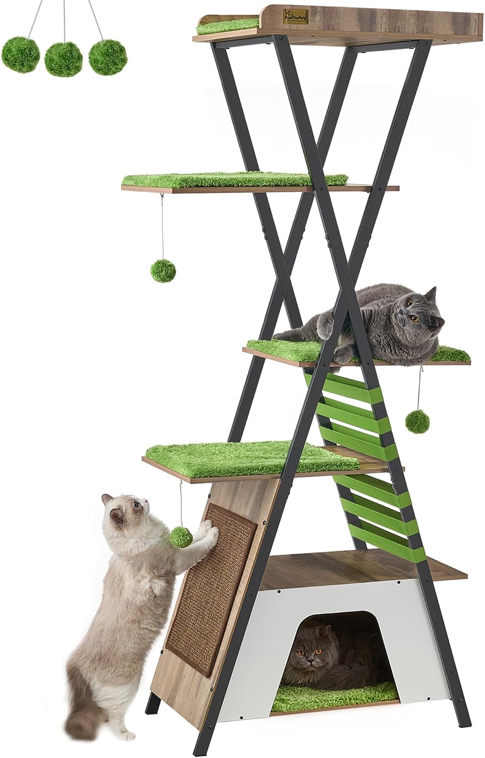Detalle de FourFurPets Katzenbaum 184 cm mit mehreren Ebenen, Kratzbrett & Höhlen (Greige)