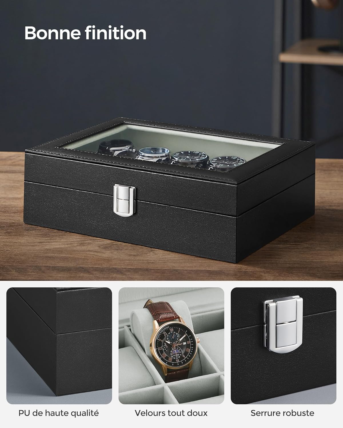 Thumbnail 2 de SONGMICS Boîte à Montres 10 Emplacements JWB010BK — Coffret élégant avec couvercle en verre et intérieur velouté