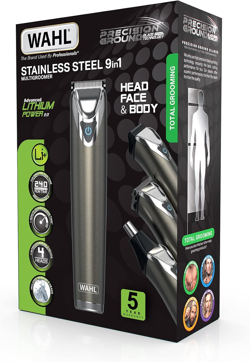 Thumbnail 5 de Wahl Stainless Steel 9 in 1 Multigroomer (Cordless) – Beard, Stubble, Nose & Ear Trimmer Set