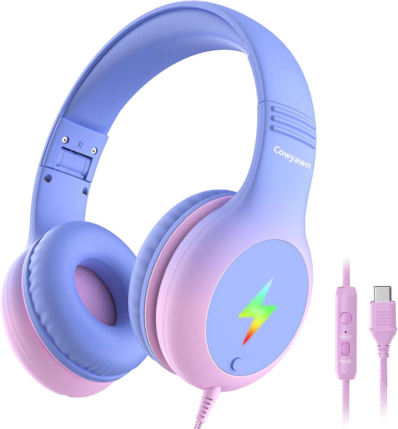 Detalle de Cowyawn USB C Headphones for Kids with LED Lights (Purple Gradient) – Wired, Over-Ear with Mic