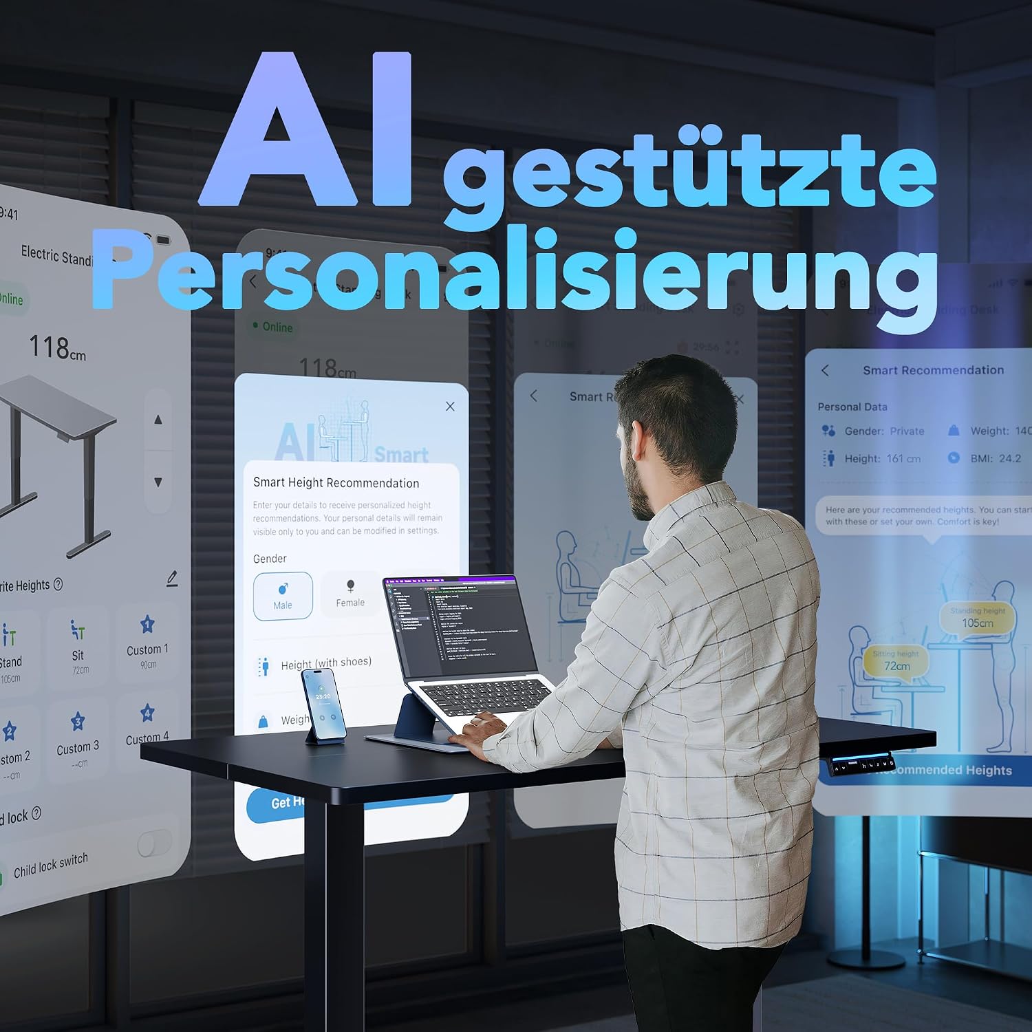 Thumbnail 2 de HUANUO KI-gesteuerter Elektrischer Stehschreibtisch 80 x 48 cm – Smart, sprachgesteuert und ergonomisch