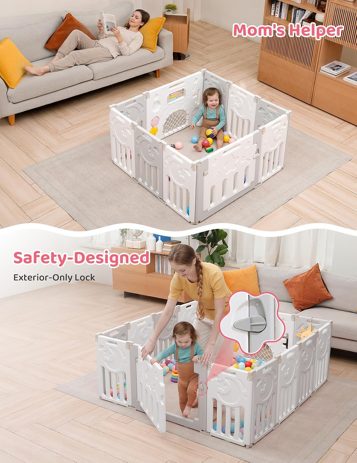 Thumbnail 6 de 10-Panel Foldable Baby Playpen, Adjustable PE Play Yard with Gate, Gray and White