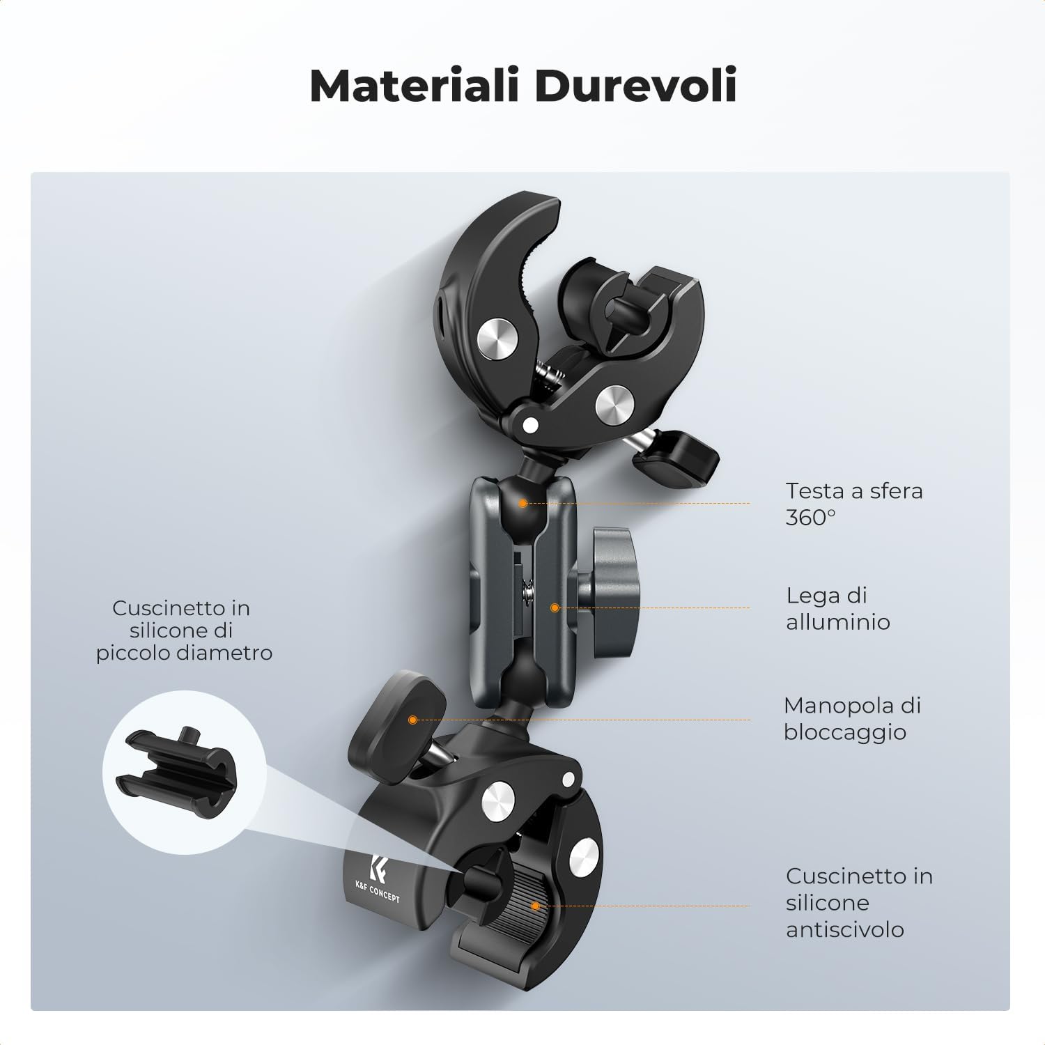 Detalle 2 de K&F CONCEPT doppio attacco a pinza con testa sfera 360° per action cam: supporto universale per manubri e pali
