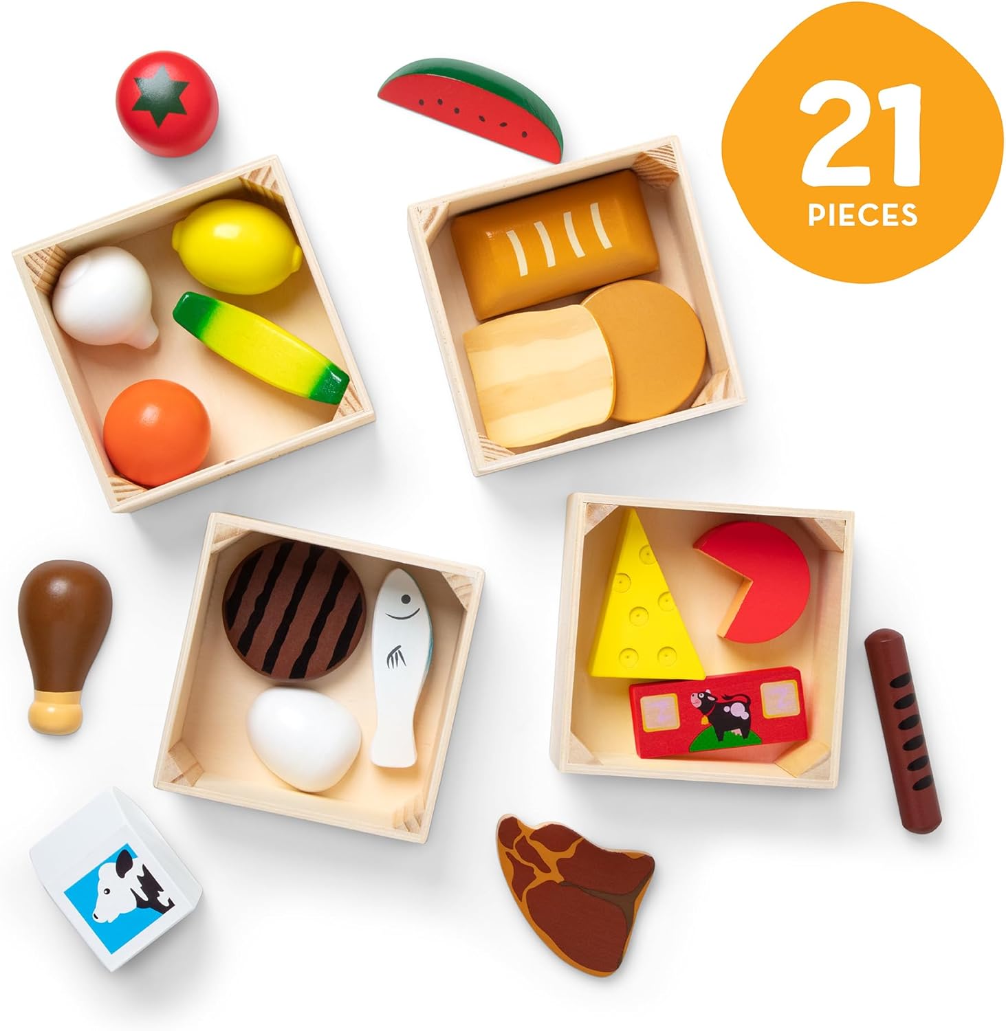 Detalle de Melissa & Doug Holz-Lebensmittelset: 21-teiliges Spielküchen- und Kaufladen-Zubehör für Kinder ab 2 Jahren