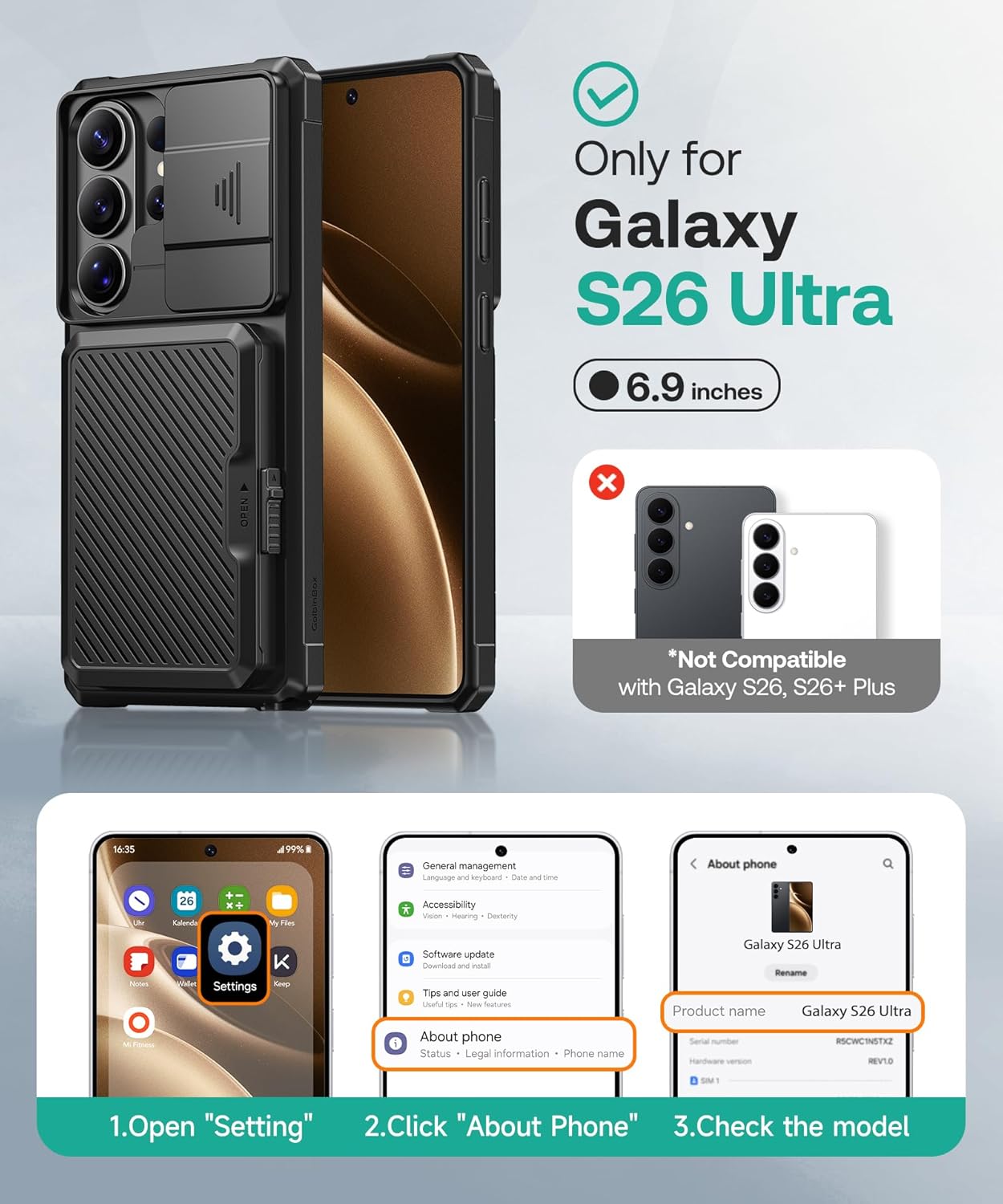 Thumbnail 1 de GOLBINBOX GolbinBox Case for Samsung Galaxy S26 Ultra (6.9 in) with Card Holder, Slide Camera Cover & RFID Protection — Ink Black