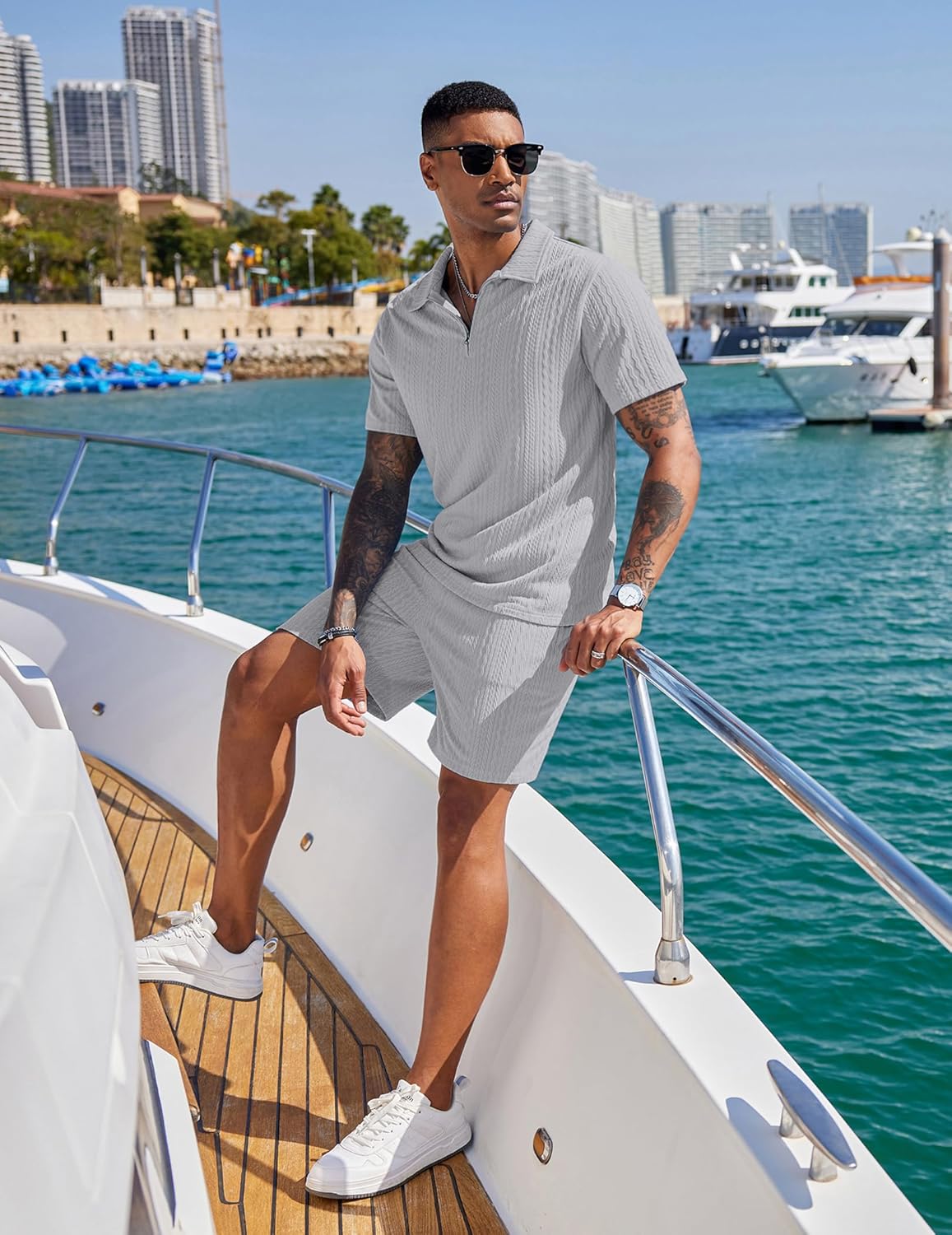 Thumbnail 2 de COOFANDY 2-Pieces Outfits: Casual Quarter Zip Polo Shirt and Shorts Set