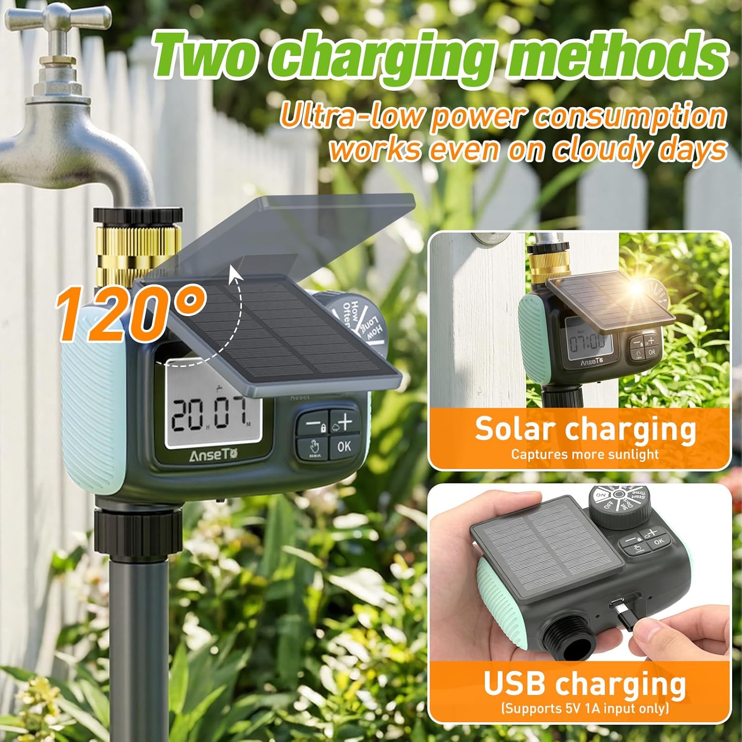 Detalle de AnseTo Programmateur d’arrosage automatique solaire avec écran LCD et charge USB‑C