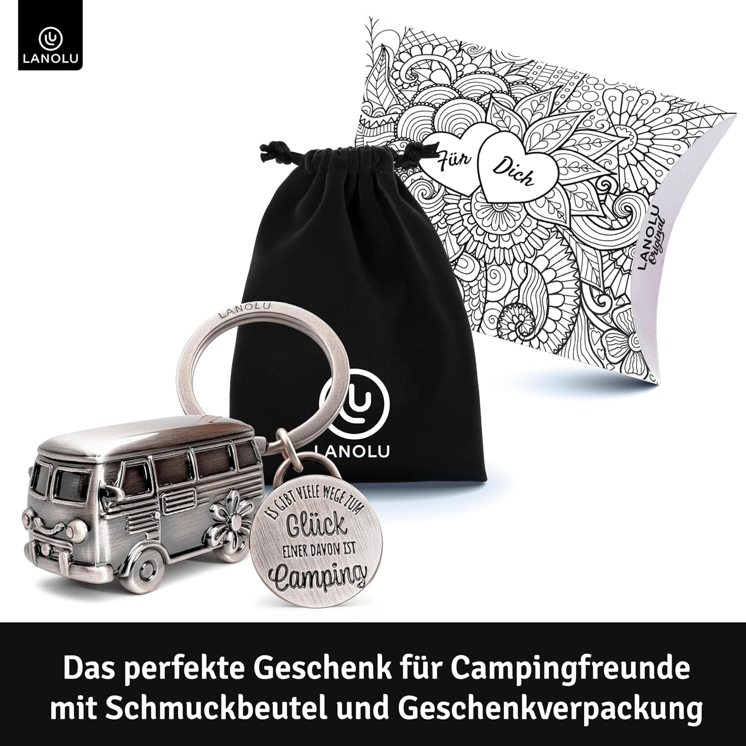 Detalle 2 de LANOLU portachiavi da campeggio a forma di autobus in metallo, regalo per roulotte e appassionati di camping