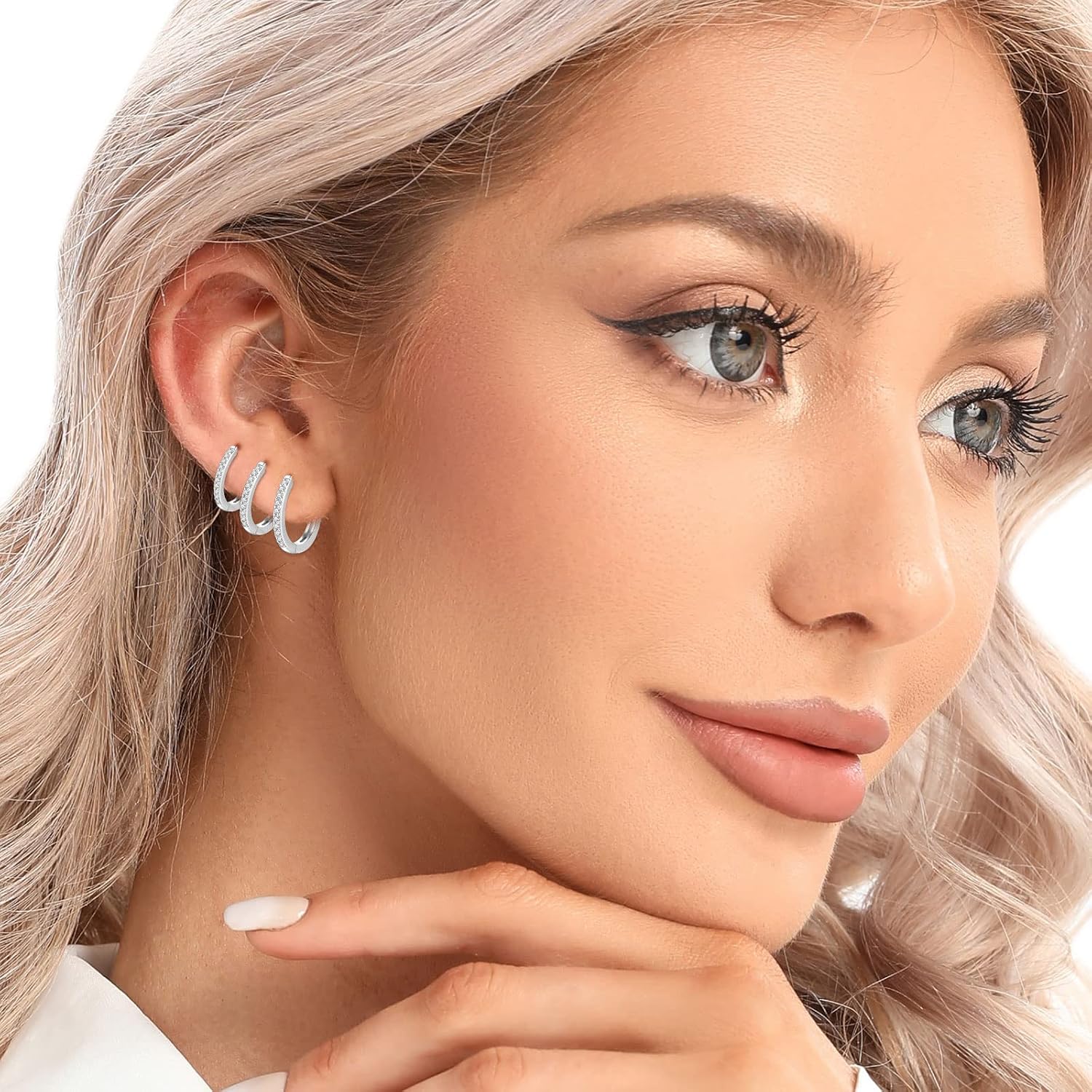 Detalle de HUABOLA CALYN 3 Paar Creolen aus 925 Sterling Silber mit Zirkonia – hypoallergenes Set für Damen, Herren & Jugendliche
