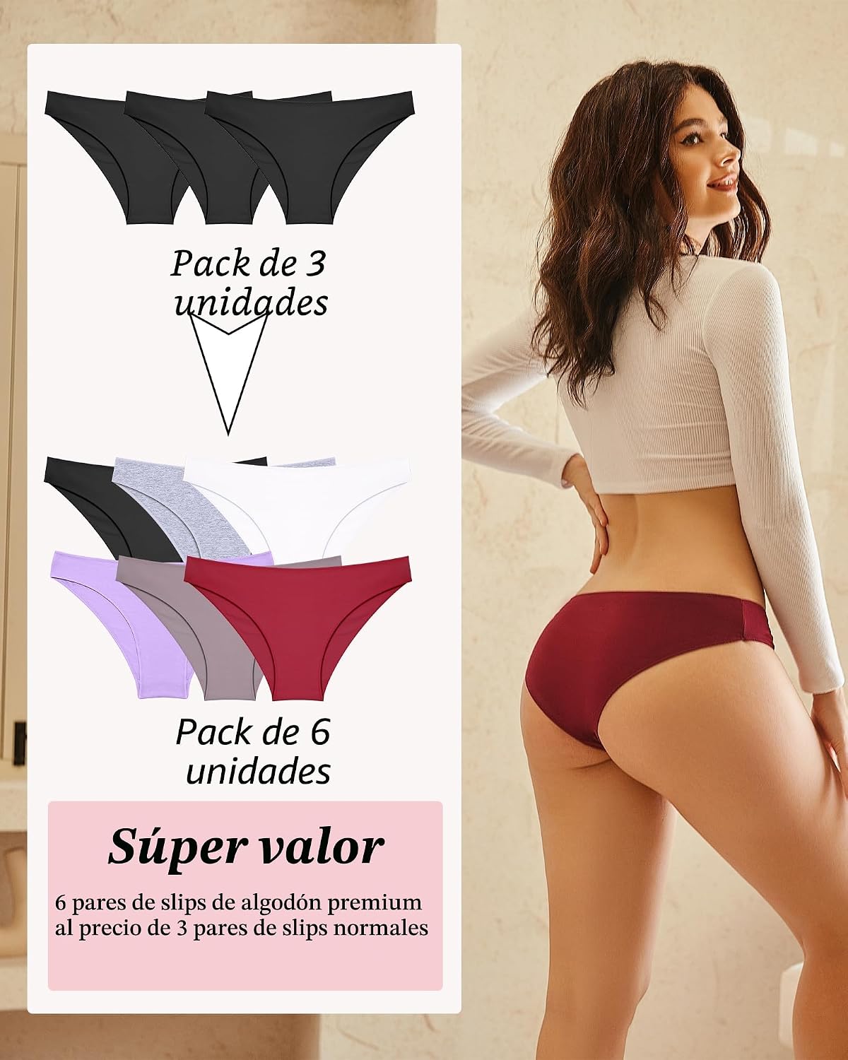 Detalle de ALL OF ME paquete de 6 bragas hipster/bikini de algodón para mujer (tallas S-XL)
