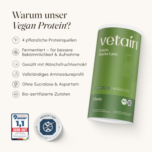 Detalle de VETAIN Veganes Proteinpulver Matcha Latte – 60 g Testbericht (20 g Eiweiß & 90 mg Koffein pro Portion)