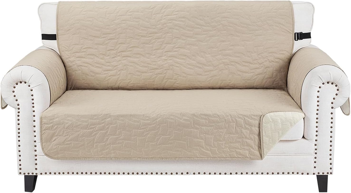 Detalle de CUCRAF Non Slip Quilted Sofa Cover for 2-Cushion Loveseat (Beige) – Water-Resistant, Pet-Friendly