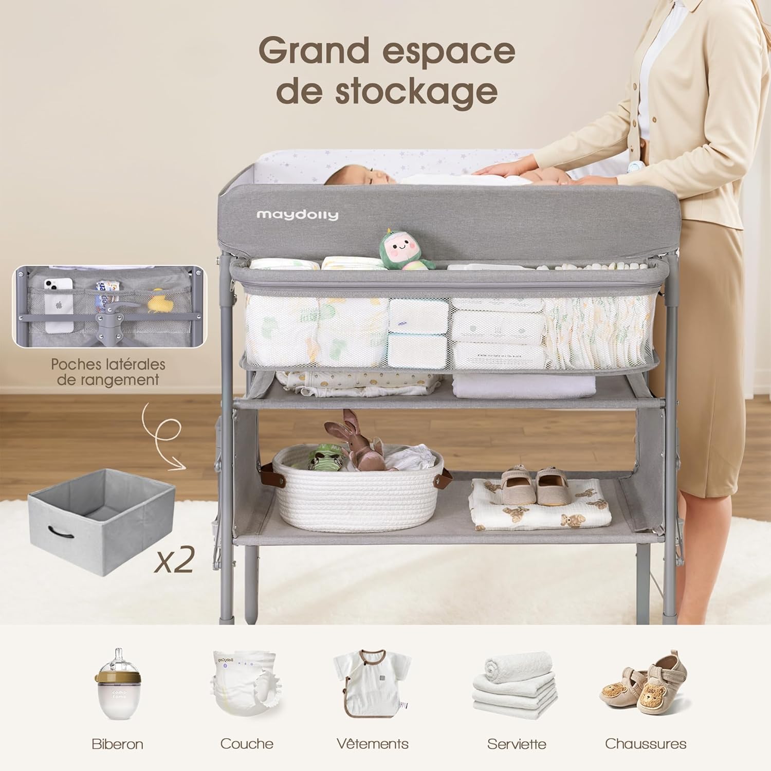 Thumbnail 3 de Maydolly Table à langer bébé pliante avec roulettes et hauteur réglable (gris)