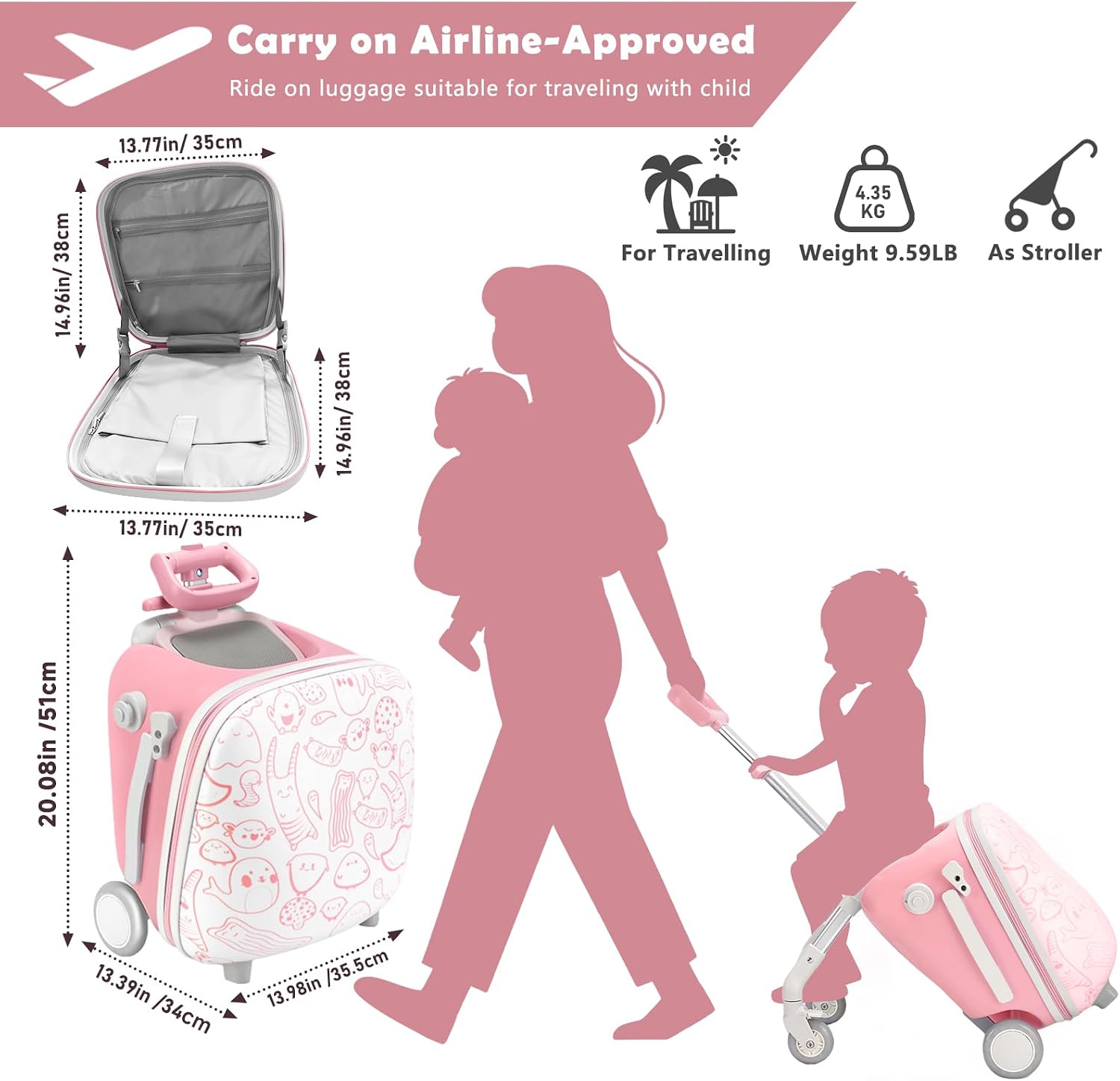 Detalle de AODI Kids Ride-on Luggage with Seat (20 inch) – 2-in-1 Carry-On Suitcase and Baby Stroller