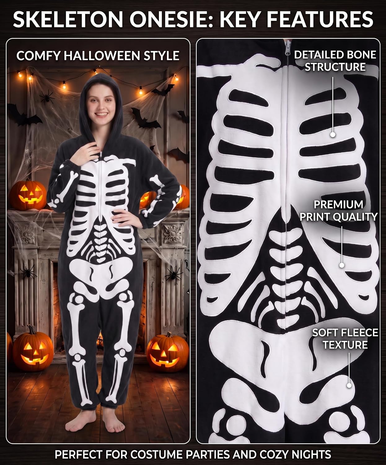 Detalle de Hundredmore Adult Skeleton Onesie Pajamas with Plush Fabric, Zip Front and Pockets