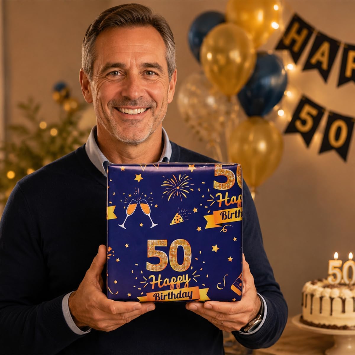 Thumbnail 6 de 50th Birthday Blue & Gold Wrapping Paper Set with Tags and Ribbons