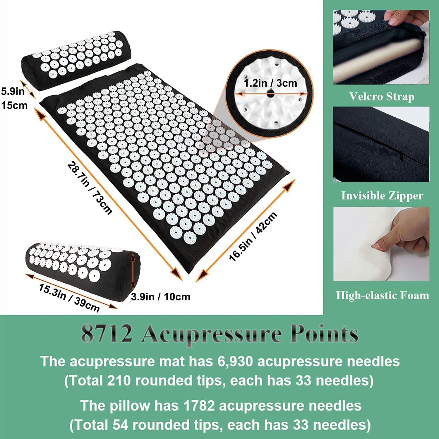 Detalle 2 de XiaoMaGe 4399 73 cm Acupressure Mat and Pillow Set with Carry Bag, Black