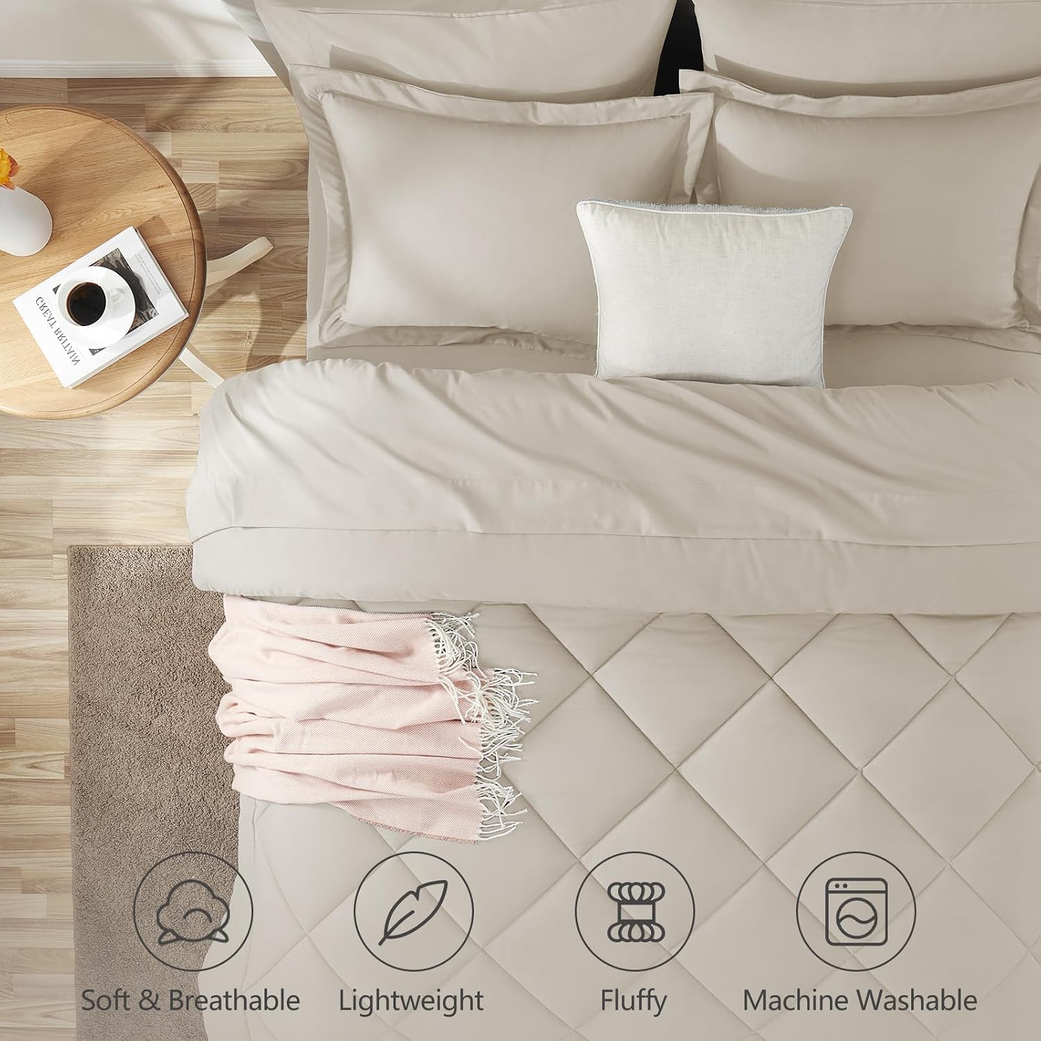 Thumbnail 1 de CozyLux King Size Beige 7-Piece Bed in a Bag Comforter Set