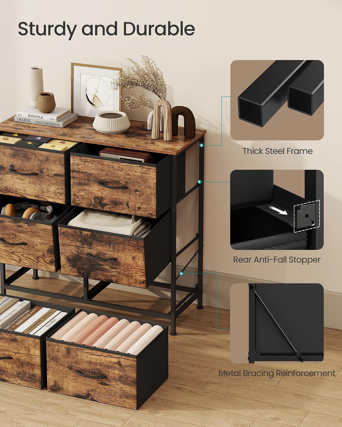 Detalle 2 de SONGMICS LGS123BH04 6-Drawer Chest, Rustic Brown and Ink Black