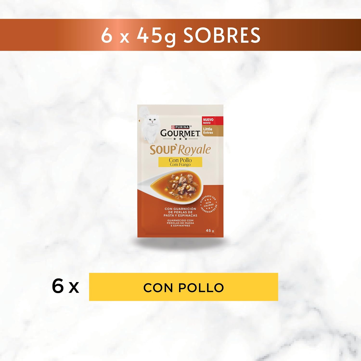 Detalle de Purina Gourmet Soup Royale con Pollo | Sobres 45 g para gatos adultos – 30 unidades