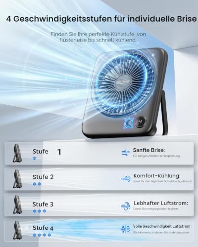 Detalle 2 de Otlonpe Tischventilator Leise mit 4000mAh Akku – Tragbar, USB-kompatibel & 23h Laufzeit