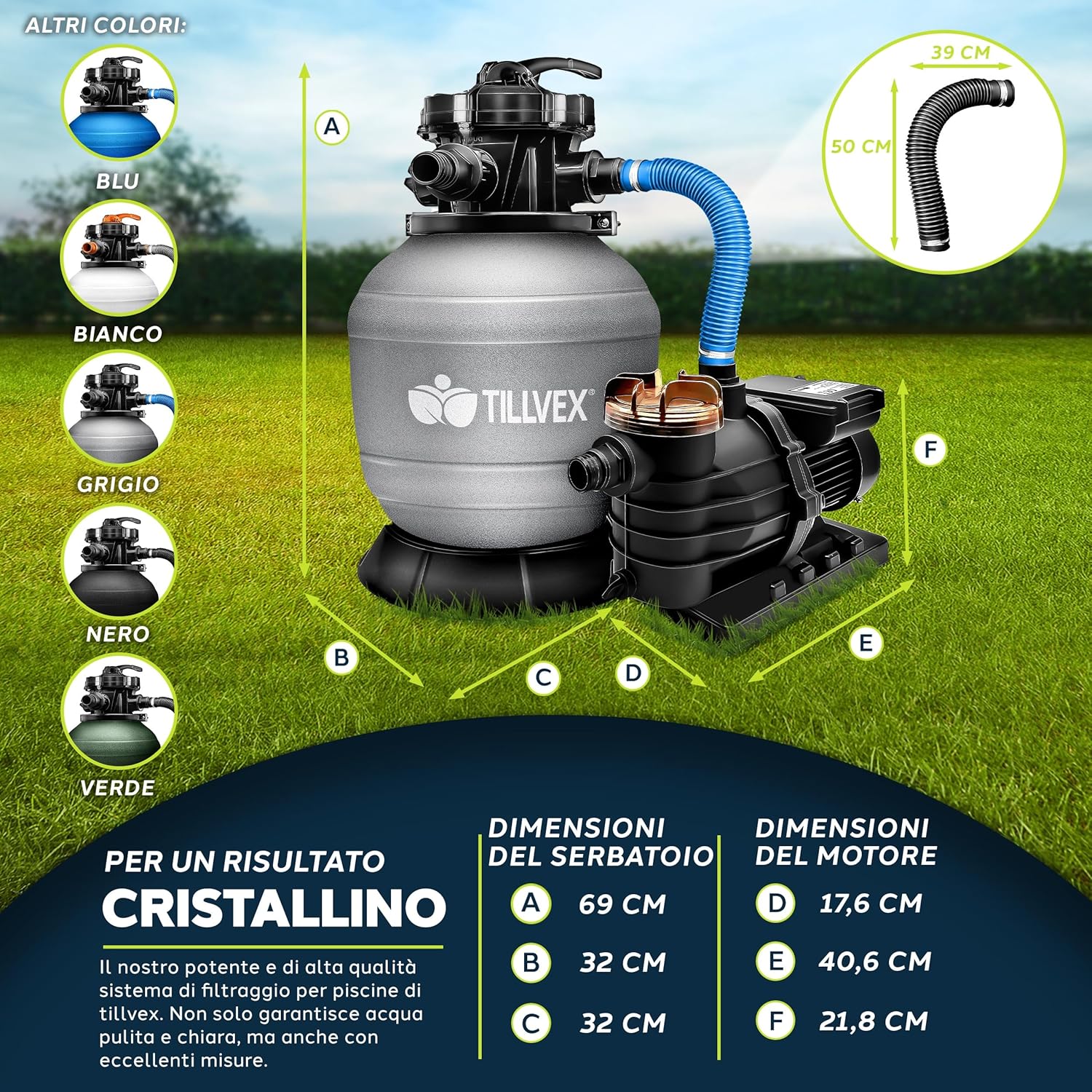 Detalle de Tillvex Impianto di filtraggio a sabbia per piscina 13.200 L/h (fino a 40.000 L) con valvola 7 vie e sfere filtranti da 1200 g