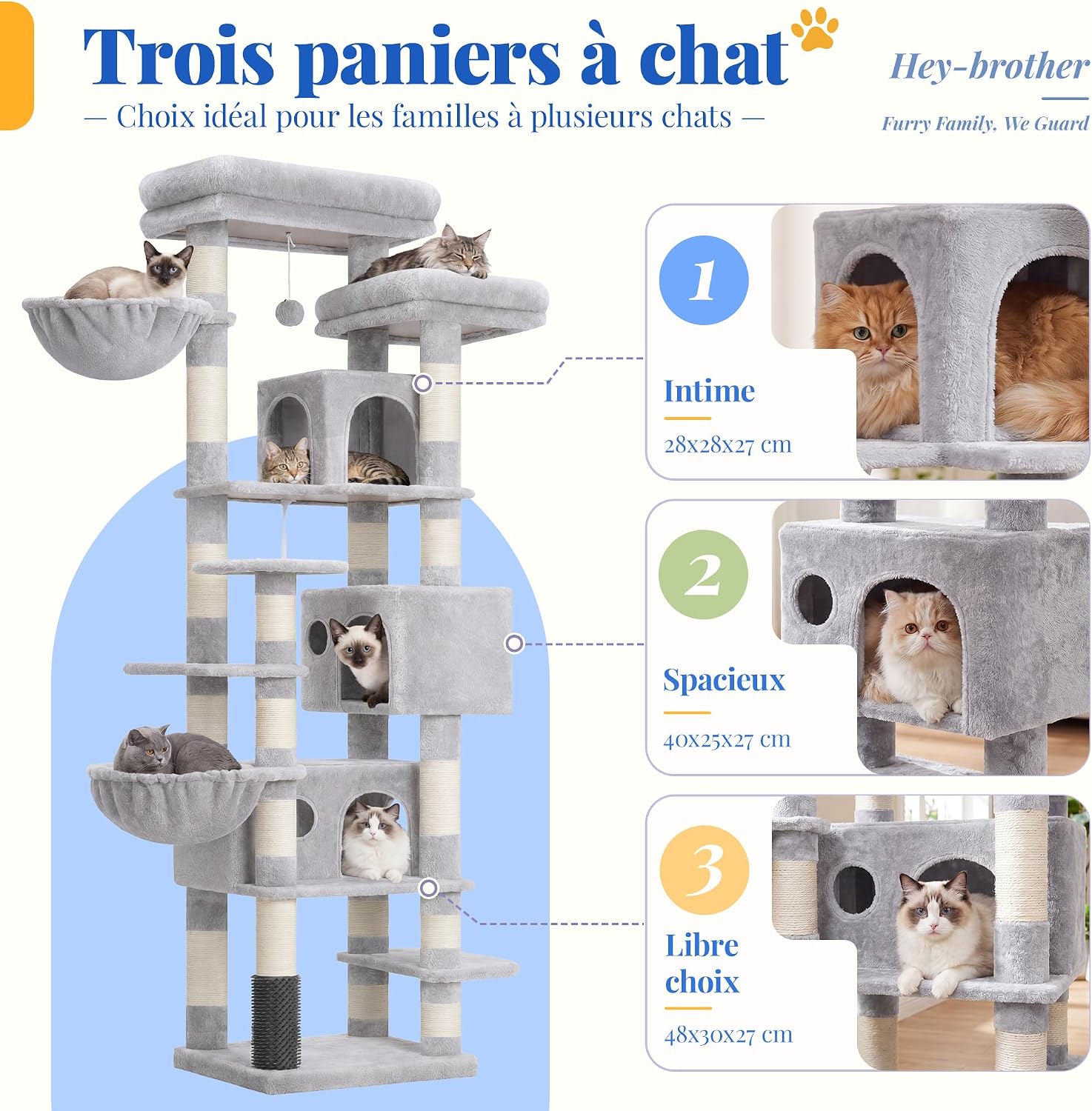 Detalle de Hey-brother Arbre à Chat XXL 188 cm — arbre multi‑niveaux gris 🐱