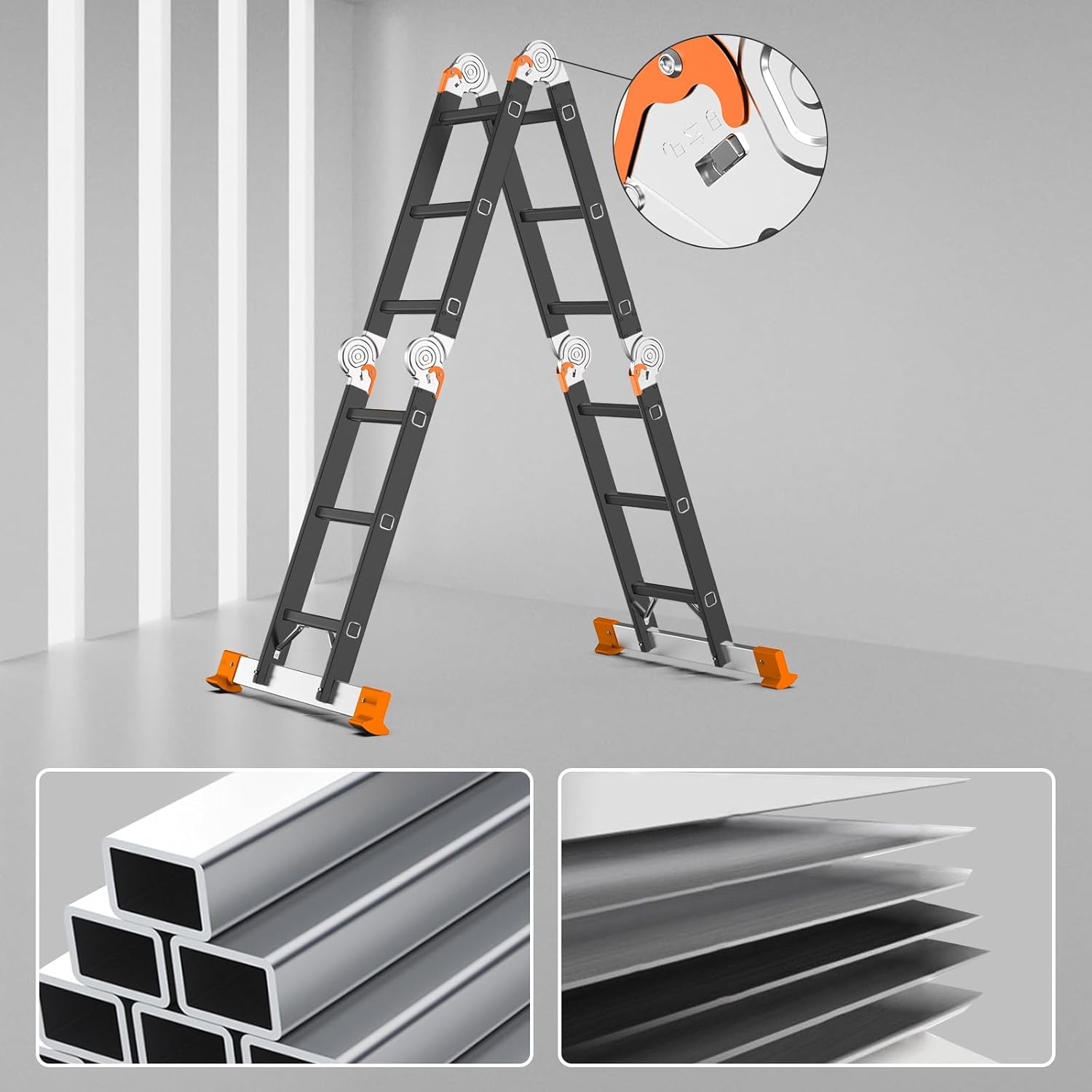 Detalle de AMHANCIBLE Mehrzweckleiter EBAL01RN – 12 Stufen, 6 Positionen, TÜV/GS zertifiziert