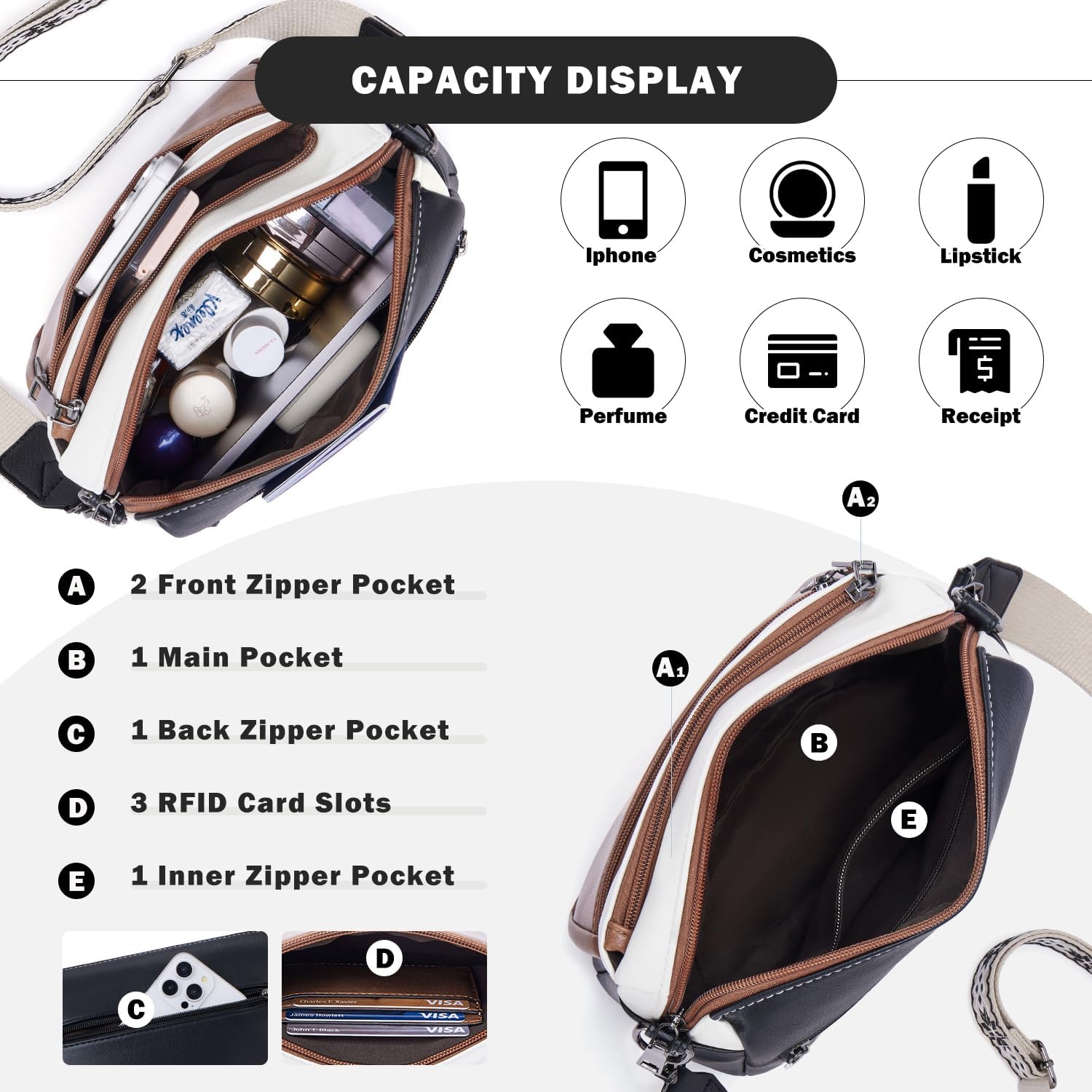 Detalle de MUIIKOLA Cross Body Bag for Women – Vegan Leather Medium Shoulder Handbag with Built‑in Wallet and Wide Adjustable Strap