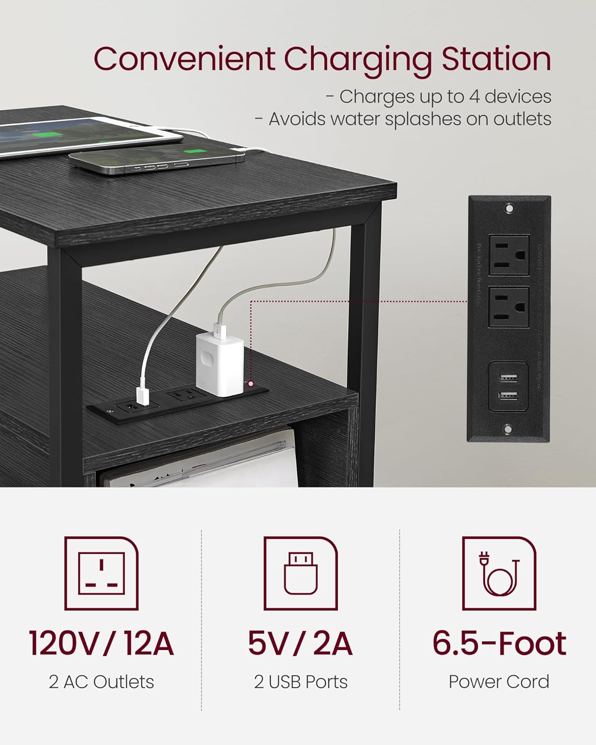 Detalle de VASAGLE ULET321B22V1S Side Table with Charging Station and 2 Drawers